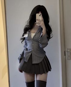 Cute Mini Skirt Outfits Korean, Striped Pleated Skirt Outfit, Shirt And Skirt Set, Rok Mini, Mini Pleated Skirt, Shirt And Skirt, Mini Skirt Set, Crop Top Dress, Striped Long Sleeve Shirt