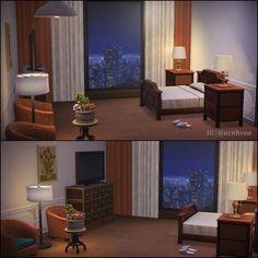 there are two pictures of a hotel room with the city lights in the window and on the bed