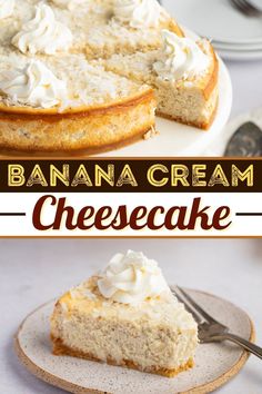 banana cream cheesecake on a plate with a fork