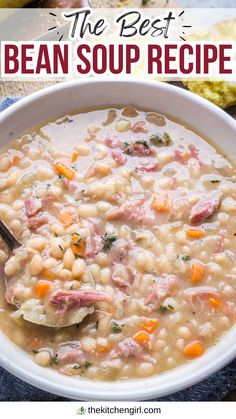 image of ham and bean soup in white bowl with spoon. Title text: The Best Bean Soup Recipe Ham And Bean Soup Recipes Old Fashioned, Ham And Beans Stovetop, Best Bean Soup, Bean Ham Soup, White Bean Ham Soup, Old Fashioned Ham, Bean Soup Crockpot, Ham Bone Soup Recipes, Ham Bone Recipes