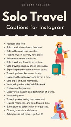 the info sheet for solo travel captions for instagrams, including an image of a woman with luggage