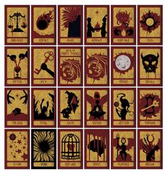 the twelve zodiac signs are shown in red and gold colors, with black silhouettes on them