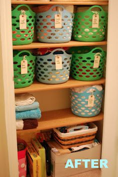 an organized closet with baskets, books and other items on shelves that are labeled before and after