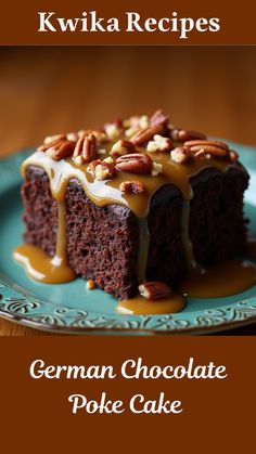 a piece of german chocolate poke cake on a plate