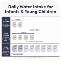 an info sheet describing the daily water intake for infants and young children, including cups