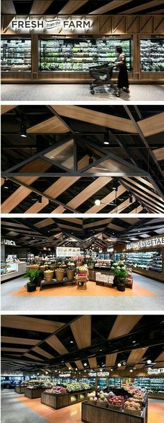 the inside of a grocery store with many shelves