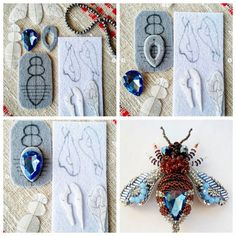 four pictures show the process of making beaded bug brooches and pendants