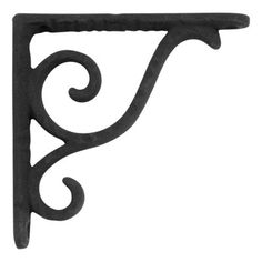 a black iron shelf bracket with swirly design on the front and back ends, isolated against a white background