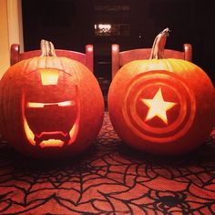 two pumpkins carved to look like captain america