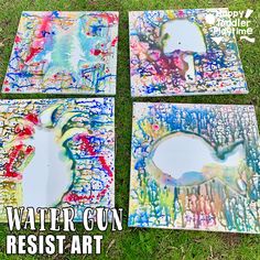 four watercolor paintings sitting on the grass with text overlay that says water can resist art