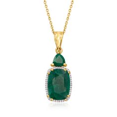 Ross-Simons - 6.20ct t. w. Emerald, .13ct t. w. Diamond Pendant Necklace Over Sterling. 18". Bask in the rich evergreen hue of our classic emerald pendant necklace, featuring a .70 carat triangular and 5.50 carat rectangular cushion-cut emerald framed by .13 ct. t. w. round diamonds. Finely crafted in polished 18kt yellow gold over sterling silver. Cable chain. Springring clasp, diamond and emerald pendant necklace. Emerald birthstones are the perfect gift for May birthdays. Emerald Pendant Necklace, Jewelry Presentation, Emerald Necklace Pendant, Necklace Emerald, Emerald Birthstone, Rectangular Cushion, Emerald Pendant, Emerald Jewelry, Diamond Pendant Necklace