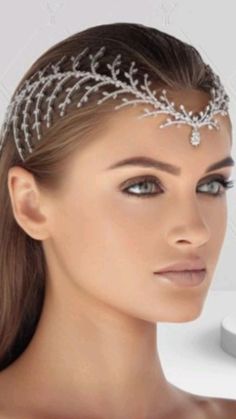 a woman wearing a tiara with crystal leaves on it's head and hair comb