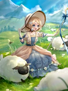 a woman in a dress and hat holding a bow with two sheep on the ground