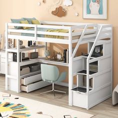 a white loft bed with desk underneath it