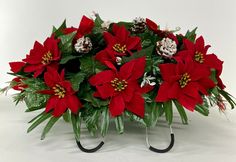 a bunch of red poinsettias sitting on top of a table