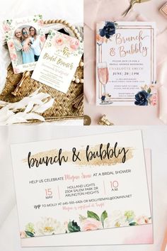 the wedding stationery is laid out on a table