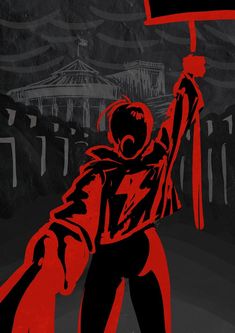 an illustration of a man holding up a black and red flag with his hands in the air