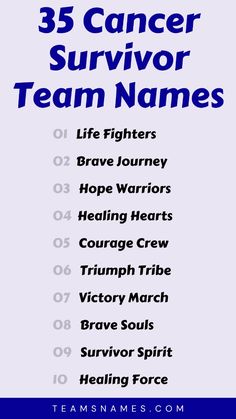 These team names represent perseverance and triumph. Perfect for bringing a sense of solidarity and strength to your next pin, whether it's for a Survivor-themed event or support group. Midnight Run, Out Of Gas, Lost Cause, Healing Heart, Brave Soul, Support Group, Victorious