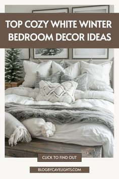 a bed with white pillows and blankets on top of it, next to a christmas tree