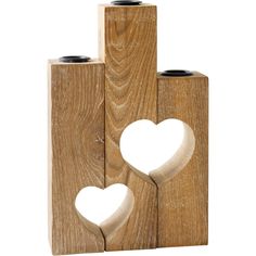 two wooden blocks with hearts cut out of them