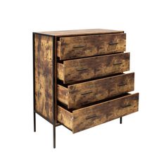 a wooden dresser with three drawers on one side and two metal legs at the bottom