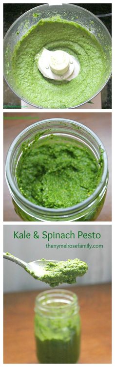 four pictures showing how to make pesto sauce in a glass jar with a spoon