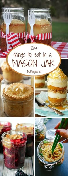 mason jars filled with different types of desserts and pies on top of a table