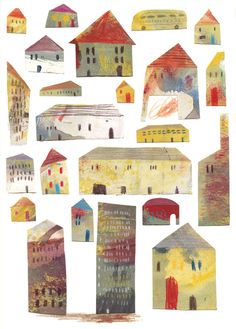 a collage of houses and buildings made out of cut outs with watercolors on paper