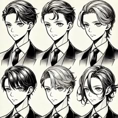 an anime character's hair styles are drawn in black and white, with different angles