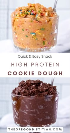 three different desserts with text overlay that reads quick and easy snack high protein cookie dough