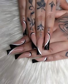 Black And White Nails Square Long, Black And White Nail Designs Coffin Long, Black And White Tapered Square Nails, Black Design Nails Coffin, Black White And Pink Nails Acrylic, Black Nail Square Designs, Black And White Nails Tapered Square, Black French Tip Design Nails, Black Acyrilics Nail Designs