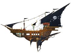 a pirate ship floating in the air with lights on it's sails and skull decorations