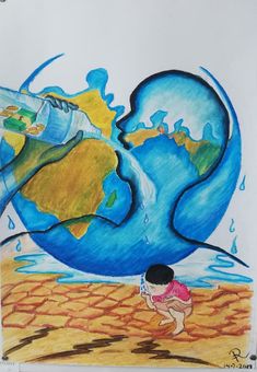 a drawing of a child looking at the earth with water coming out of its mouth