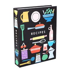 a black bag with colorful kitchen items on it's front and back cover that says, recipes