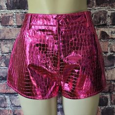 Down Under Metallic Croc Faux Leather Shorts. It Features A No Stretch, Faux Leather Construction, Statement Metallic Coloring, Crocodile Textured Print, Ultra High Waist, Flared Bottoms, Front And Back Pockets, And Hidden Front Closures. Nwt, Size 10, No Stretch, True To Size. Mannequin Bust 34", Waist 26" And Hips 38" Flared Bottoms, Faux Leather Shorts, Leather Shorts, Womens Bottoms, High Waist, Faux Leather, Size 10, High Waisted, Women Accessories