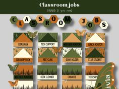 an image of classroom jobs with butterflies and trees on them in green, orange and white colors