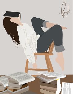 a woman sitting in a chair with her head down on a stack of books next to an open book