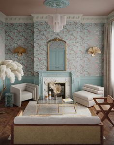 a living room filled with furniture and a fire place in front of a mirror on the wall