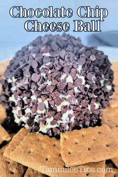 chocolate chip cheese ball on top of crackers with text overlay that reads, chocolate chip cheese ball