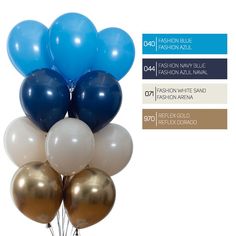 a bunch of balloons that are blue, white and gold with some brown on them