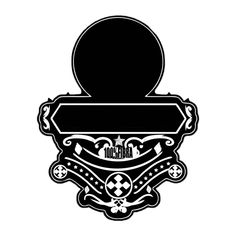 a black and white logo with an ornate frame on the bottom, and a round object above it