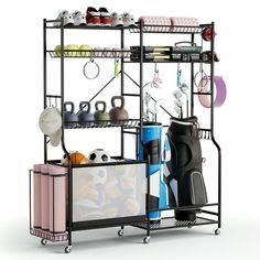 Keep your space clutter-free with the all-in-one sports equipment organizer. Having a roomy golf bag holder for up to 2 bags, a yoga mat holder, and a ball basket capable of holding different balls, this sports gear organizer has you covered. Its 5 storage shelves are adjustable and allow for free space arrangements. Moreover, maximize storage capacity with 13 removable hanging hooks and a side storage hook for accessories like yoga rings, elastic bands, and hats. Built with a metal frame, this Sports Gear Organization, Sports Equipment Organization, Sports Equipment Storage, Garage Organizer, Sports Storage, Yoga Mat Holder, Ball Storage, Maximize Storage, Gear Organizer