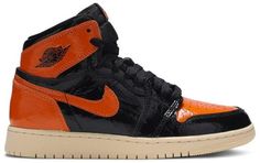 Revealed in October 2019 . the Air Jordan 1 Retro High OG GS 'Shattered Backboard 3.0' sneaker recalls the uniform that Michael Jordan wore when he destroyed the backboard glass during a exhibition basketball game in 1985 Italy. Black and orange patent leather with a crinkled finish shapes the upper. A debossed Wings logo and Swooshes trademark the design. Its pale rubber cupsole gives the shoe a vintage look. Nike Exhibition, Shattered Backboard, Jordan Model, Air Jordan 9, Nike Air Jordan 1 Retro, Jordan 8, Jordan 7, Air Jordan Sneakers, Jordan 2