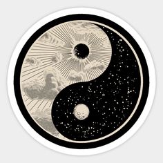 the yin symbol is depicted in this black and white illustration, with stars around it