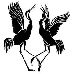 two black and white silhouettes of birds with their wings spread out, facing each other