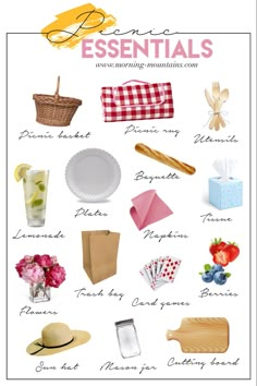 a poster with different types of food and drinks on it, including breads, paper towels