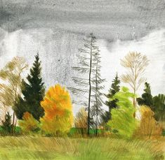 a drawing of trees and grass under a cloudy sky