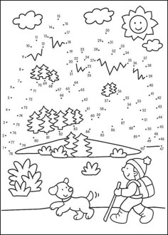 the dot to dot coloring page for children with a dog and trees in the background