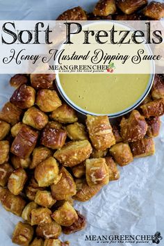 soft pretzels with honey mustard dipping sauce on top and the title overlay reads, soft pretzels honey mustard dipping sauce