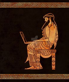 an ancient greek man using a laptop computer poster